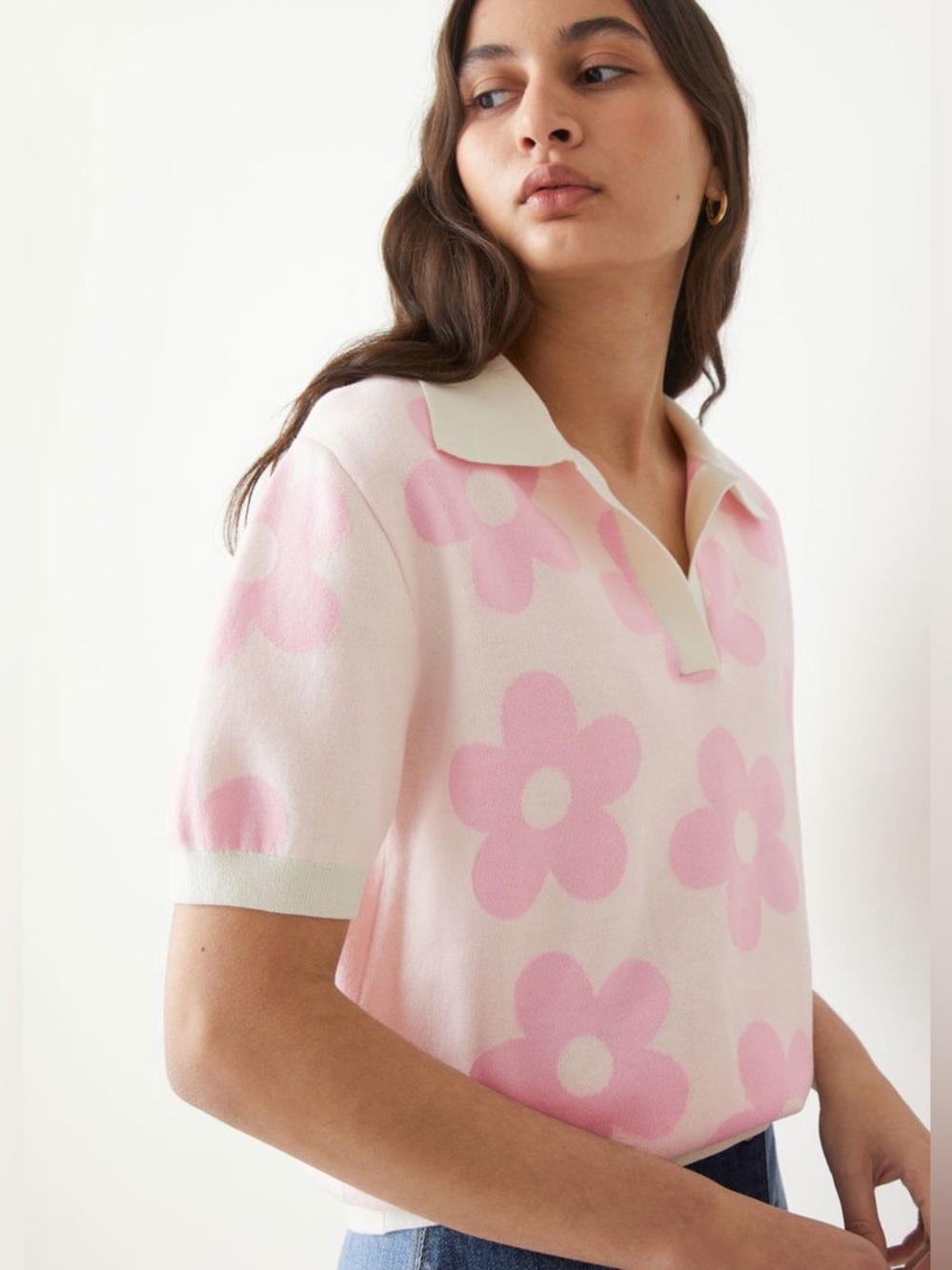 New Other Stories Sz XS Jacquard Knit Floral Top Polo